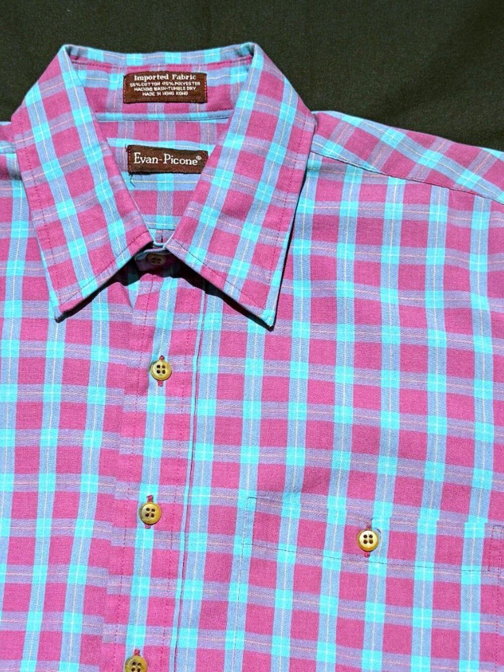 Evan Picone Mens Shirt Large Blue/Red Plaid Long Sleeve Preppy Casual